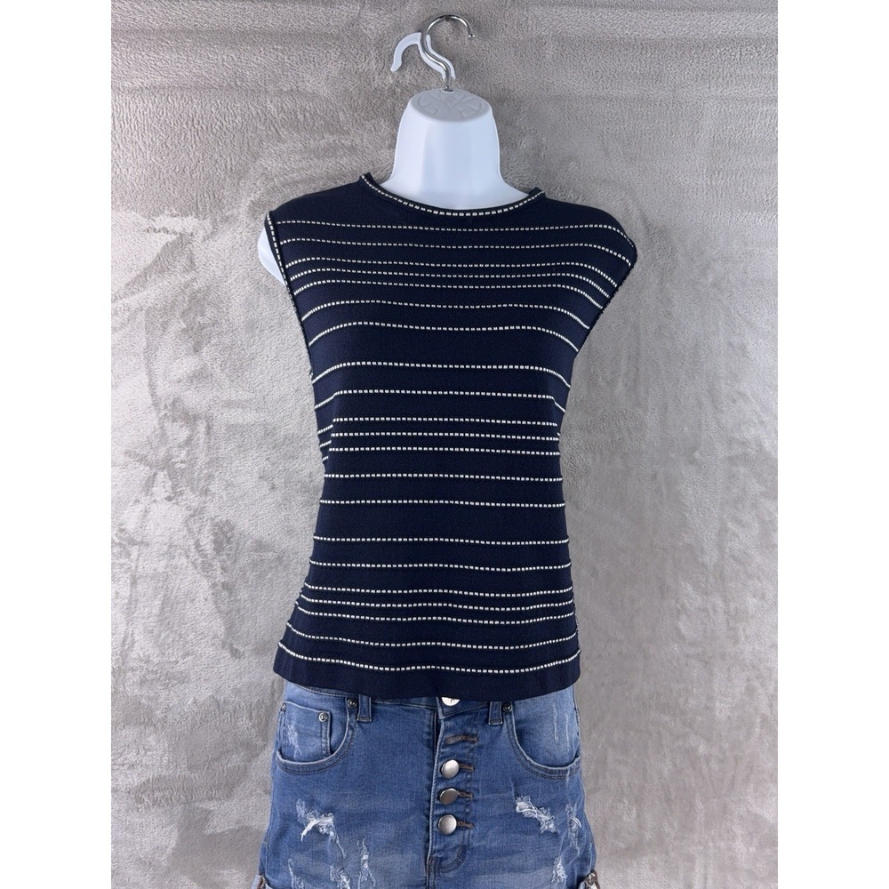 St. John Knit Tank Top Womens Size Large Blue Striped Santana Knit Sleeveless